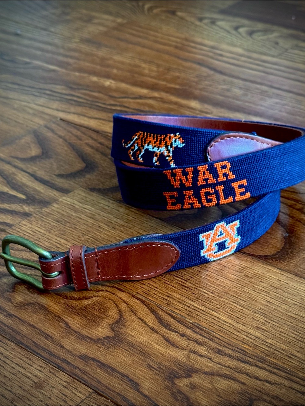Auburn University 'Life Belt’ Navy Needlepoint Belt with Leather Trim